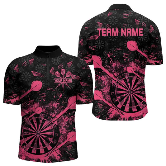 Individuelles Schwarz und Pink Grunge Dart Viertelreißverschluss Herren Shirt, Dart Trikot Team TDM3465