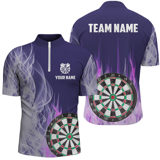 Individuelles Lila Feuerflamme Dartboard Herren Shirt mit Viertelreißverschluss, Dart Team Trikot TDM1292
