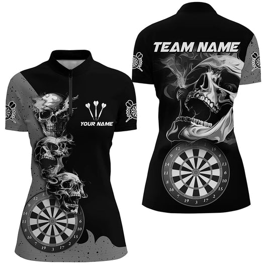 Individuelles Rauchender Totenkopf Schwarzes Dart Damen Quarter Zip Shirt, Team Dart Trikot TDM2804