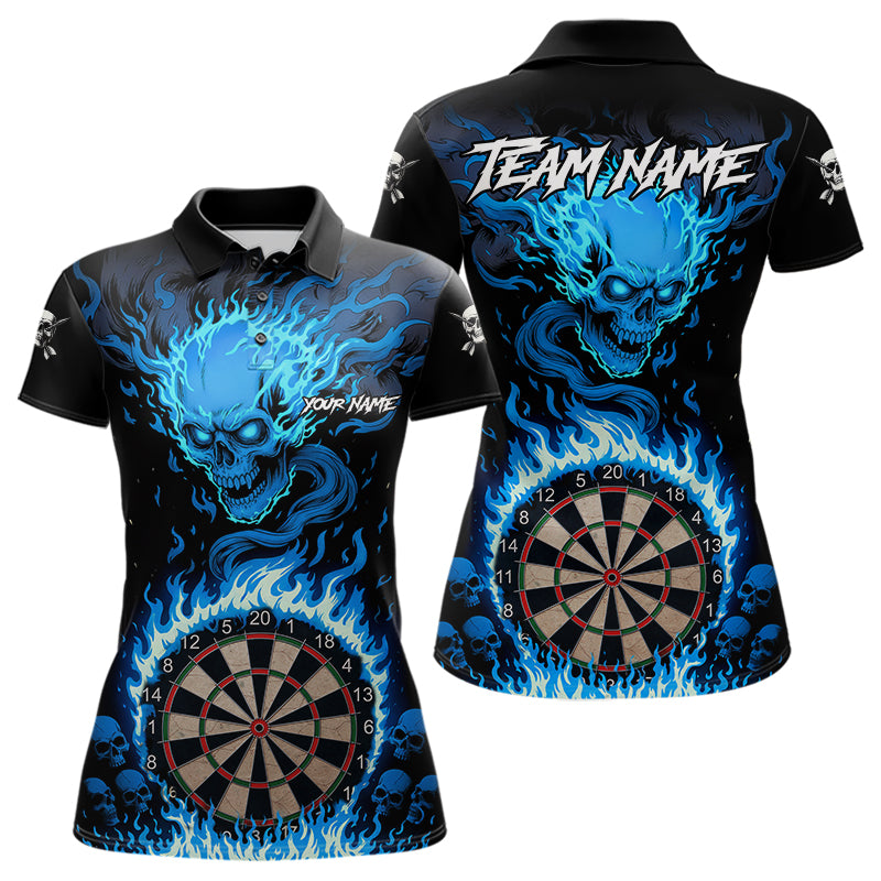 Blaues Flaming-Skull Dartshirt Für Damen – Personalisiertes Teamtrikot Polo & Quarter Zip TDM5054
