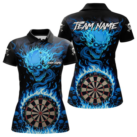 Blaues Flaming-Skull Dartshirt Für Damen – Personalisiertes Teamtrikot Polo & Quarter Zip TDM5054