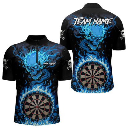 Blaues Flaming-Skull Dartshirt Für Herren – Personalisiertes Teamtrikot Polo & Quarter Zip TDM5054