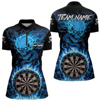 Blaues Flaming-Skull Dartshirt Für Damen – Personalisiertes Teamtrikot Polo & Quarter Zip TDM5054