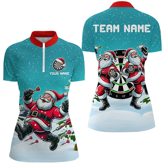 Individuelles Santa Spielt Dart Türkises Dart Quarter Zip Shirt Für Damen, Weihnachts Dart Trikot Geschenk TDM3050