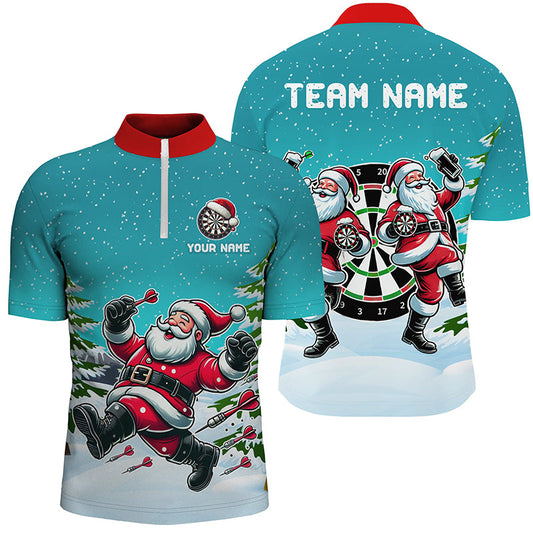 Individuelles Santa Spielt Darts Türkises Dart Herren Shirt mit Viertelreißverschluss, Weihnachts Dart Trikot Geschenk TDM3050