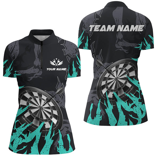 Individuelles Dartboard türkises Grunge-Design Damen Quarter Zip Shirt, Dart Teamtrikot TDM1302