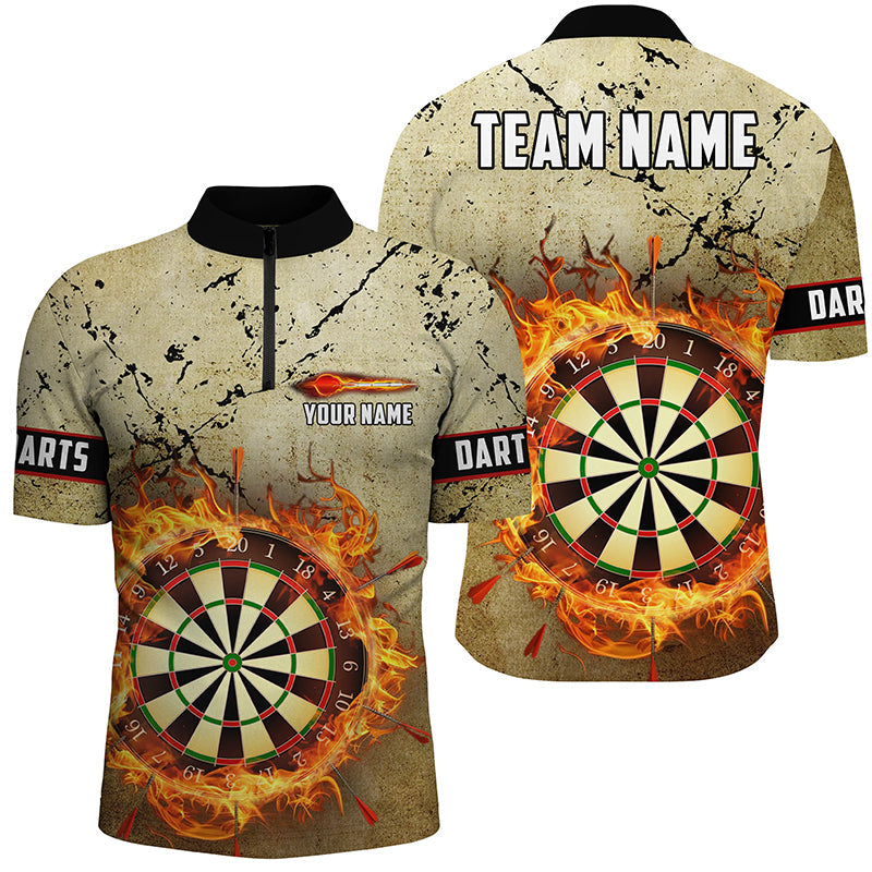 Feuer Flamme Dartboard Grunge Dart Herren Shirt mit Viertelreißverschluss, Retro Dart Team Trikot TDM1668