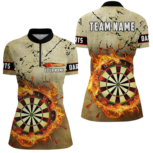 Individuelles Fire Flame Dartboard Grunge Dart Quarter Zip Shirt für Damen, Retro Dart Teamtrikot TDM1668