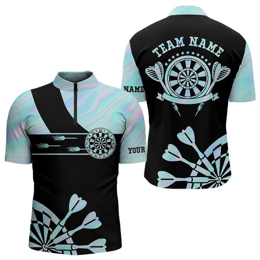 Individuelles Holographisches Blau Dart Tie Dye Viertelreißverschluss Herren Shirt, Leuchtendes Dart Trikot TDM3623