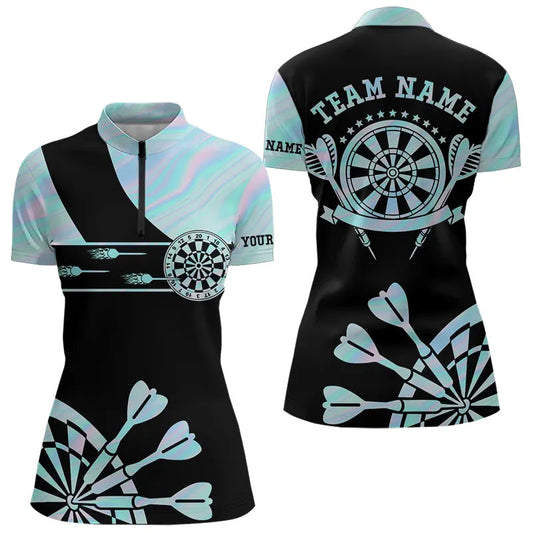 Individuelles Holographisches Blau Darts Batik Damen Quarter Zip Shirt, Leuchtendes Dart Trikot TDM3623