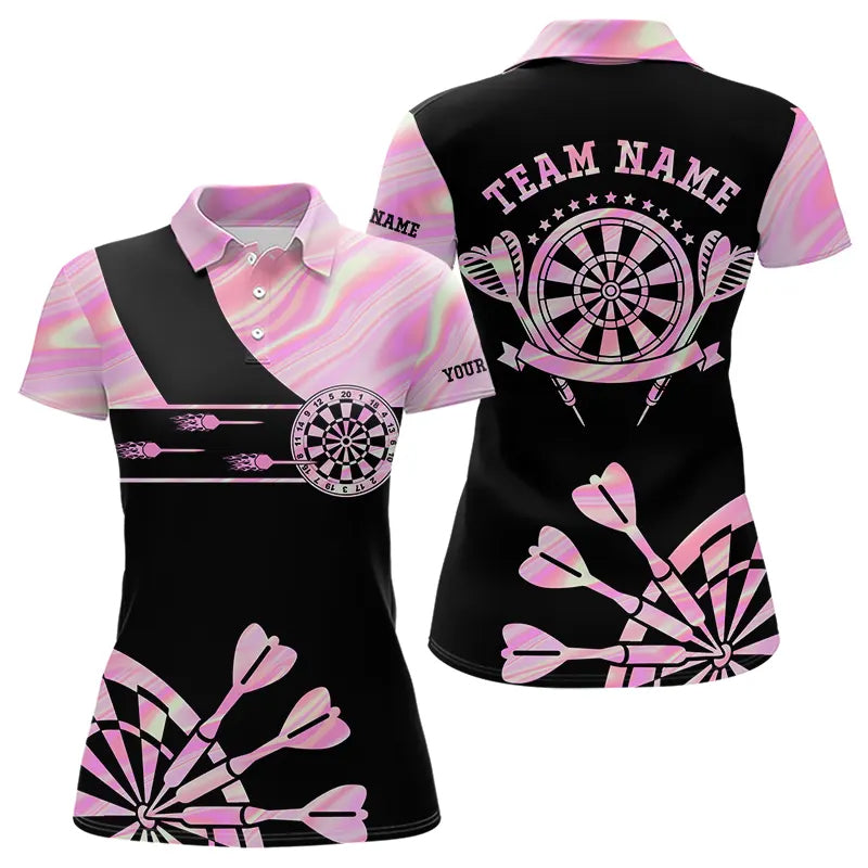 Individuelles Holografisches Pinkes Darts Batik-Poloshirt für Damen, Leuchtendes Dart-Trikot TDM3624