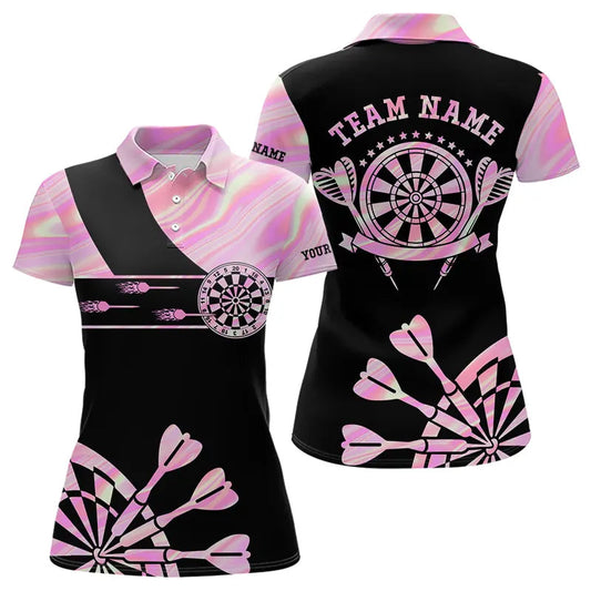 Individuelles Holografisches Pinkes Darts Batik-Poloshirt für Damen, Leuchtendes Dart-Trikot TDM3624