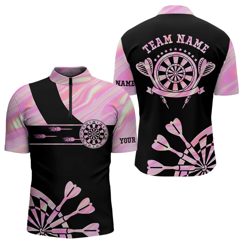 Individuelles Holographisches Pink Dart Tie Dye Viertelreißverschluss Herren Shirt, Leuchtendes Dart Trikot TDM3624