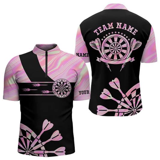 Individuelles Holographisches Pink Dart Tie Dye Viertelreißverschluss Herren Shirt, Leuchtendes Dart Trikot TDM3624