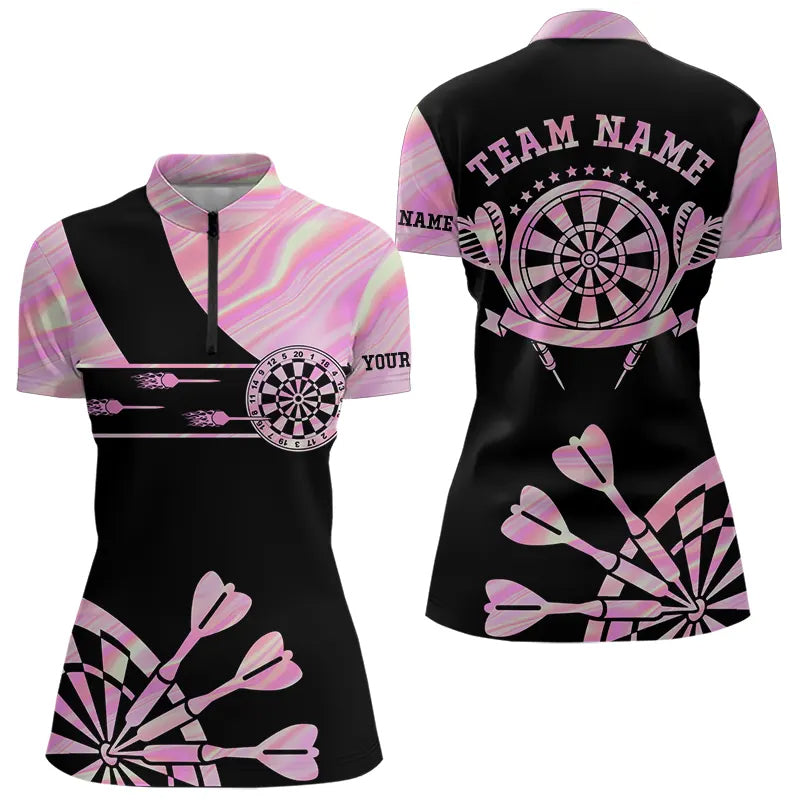Individuelles Holographisches Pink Darts Batik Damen Quarter Zip Shirt, Leuchtendes Dart Trikot TDM3624