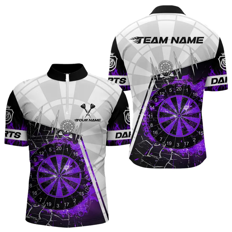 Individuelles Lila Break Glass Dartboard Feuer Dart Viertelreißverschluss Herren Shirt – Dart Trikot TDM3774