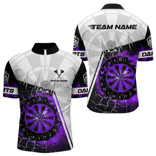 Individuelles Lila Break Glass Dartboard Feuer Dart Viertelreißverschluss Herren Shirt – Dart Trikot TDM3774