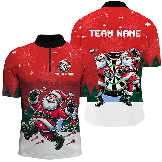 Individuelles Lustiger Santa Spielt Dart Rotes Dart Herren Shirt mit Viertelreißverschluss, Weihnachts Dart Trikot TDM2834