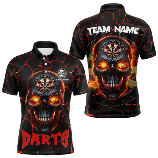 Individuelles rotes Dartbrett-Schädel-Feuer-Riss-Dart-Poloshirt für Herren, Darttrikot TDM3641