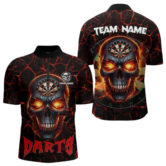 Individuelles Rotes Dartboard Skull Feuer Riss Dart Viertelreißverschluss Herren Shirt, Dart Trikot TDM3641