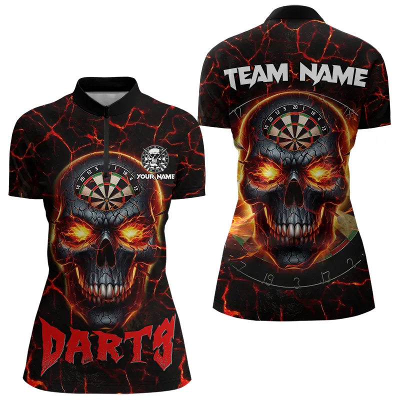 Individuelles Rotes Dartbrett Schädel Feuer Riss Dart Damen Quarter Zip Shirt, Dart Trikot TDM3641