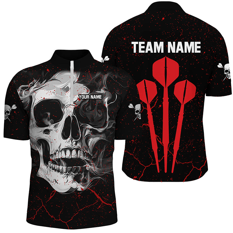 Individuelles Großes Darts Pfeil Rauch Skull Herren Shirt mit Viertelreißverschluss, Gruseliges Dart Team Trikot TDM2595