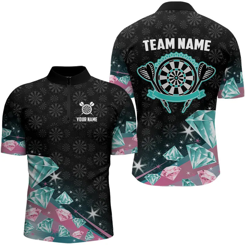 Lustige Pink Und Türkis Diamanten Darts Polo & Viertelreißverschluss Maßgeschneiderte Herren Dartshirts TDM3319