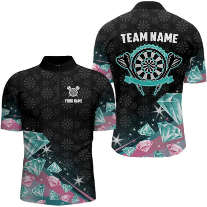 Lustige Pink Und Türkis Diamanten Darts Polo & Viertelreißverschluss Maßgeschneiderte Herren Dartshirts TDM3319