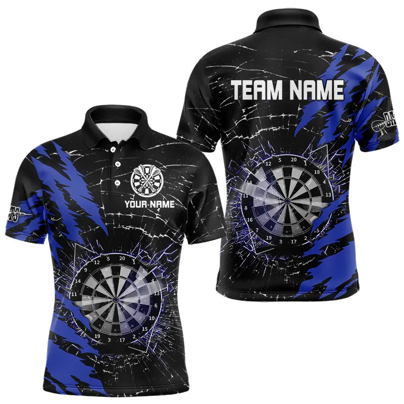 Individuelles schwarz-blaues Dartbrett-Glassplitter-Poloshirt für Herren, Dart-Teamtrikot TDM3494