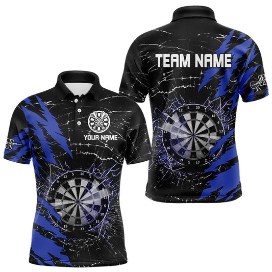 Individuelles schwarz-blaues Dartbrett-Glassplitter-Poloshirt für Herren, Dart-Teamtrikot TDM3494