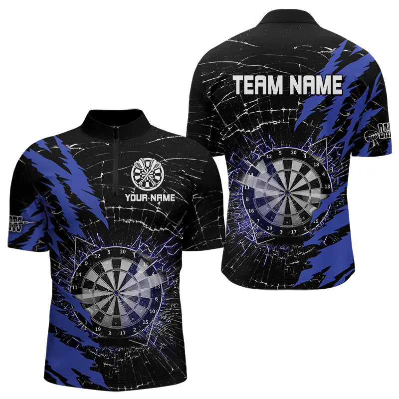 Individuelles Schwarz und Blau Dartboard Glasbruch Viertelreißverschluss Herren Shirt, Dart Trikot Team TDM3494