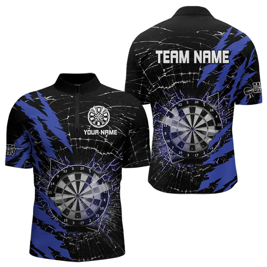 Individuelles Schwarz und Blau Dartboard Glasbruch Viertelreißverschluss Herren Shirt, Dart Trikot Team TDM3494