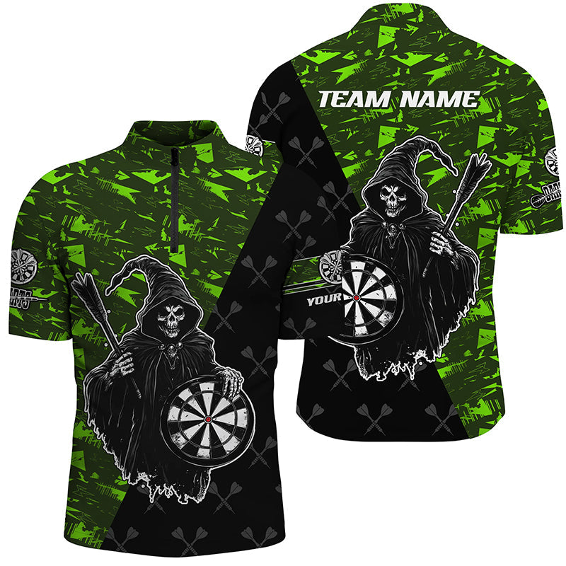 Individuelles Grünes Abstraktes Death Skeleton Herren Shirt mit Viertelreißverschluss, Lustiges Dart Team Trikot TDM2607