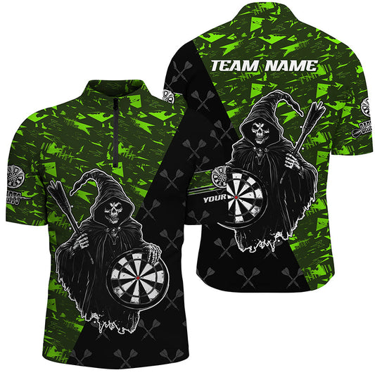 Individuelles Grünes Abstraktes Death Skeleton Herren Shirt mit Viertelreißverschluss, Lustiges Dart Team Trikot TDM2607