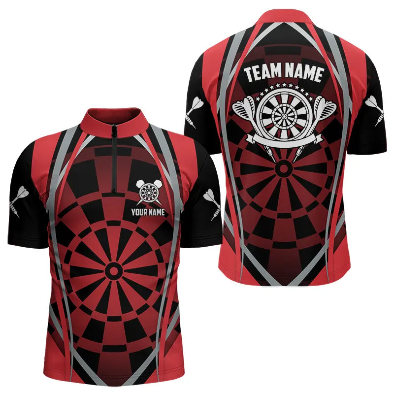 Individuelles Schwarz und Rot Dartboard Muster Dart Viertelreißverschluss Herren Shirt, Dart Trikot Team Uniform TDM3651