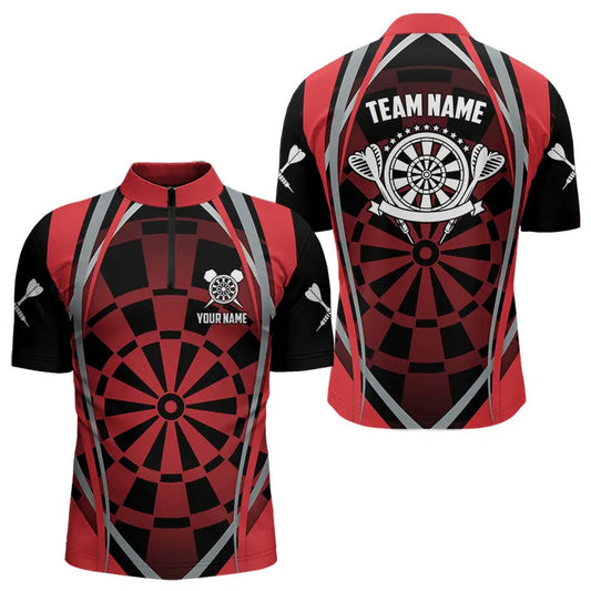 Individuelles Schwarz und Rot Dartboard Muster Dart Viertelreißverschluss Herren Shirt, Dart Trikot Team Uniform TDM3651