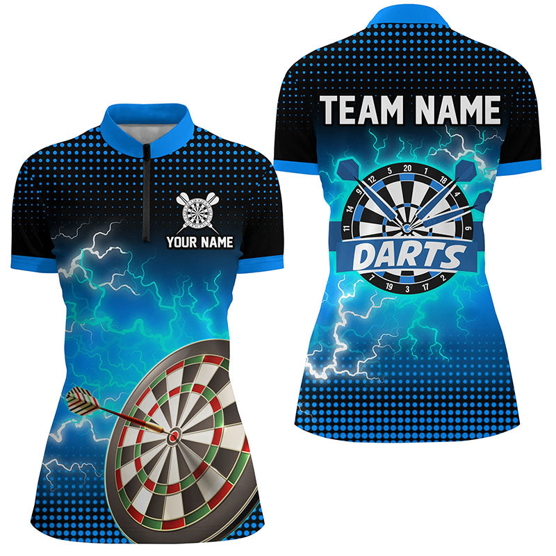Individuelle blaue Dartboard Donner Blitz Damen Quarter Zip Shirt, Dart Team Trikot TDM1916