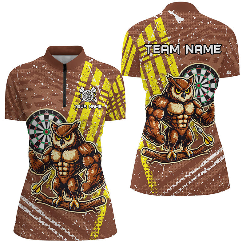 Individuelle lustige Eule braune Damen Quarter Zip Shirt, Dart Trikot Einzigartige Dartbekleidung TDM1918