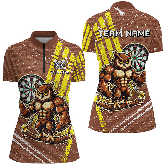 Individuelle lustige Eule braune Damen Quarter Zip Shirt, Dart Trikot Einzigartige Dartbekleidung TDM1918