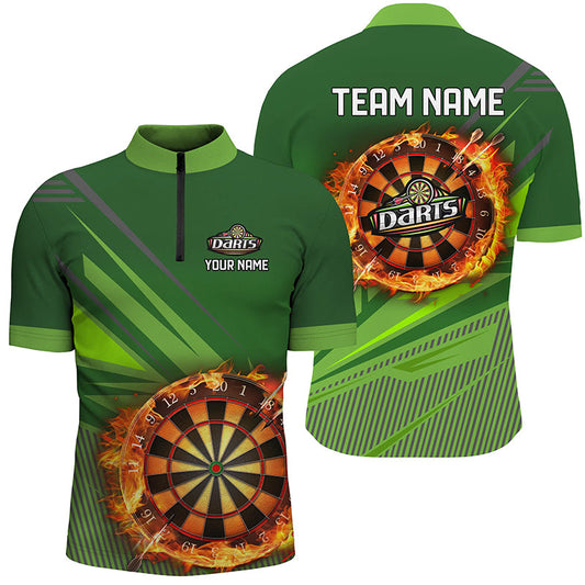Grünes Dartboard Feuer Flamme Herren Shirt mit Viertelreißverschluss, Dart Trikot Outfit TDM1920
