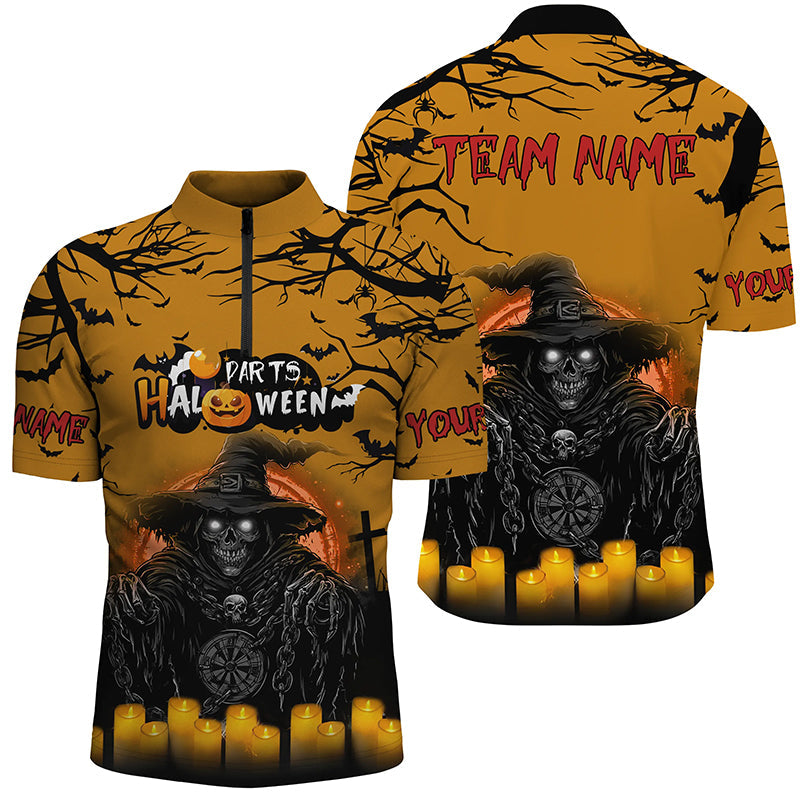 Individuelles Death Skeleton Halloween Herren Shirt mit Viertelreißverschluss, Lustiges Dart Trikot Für Team TDM2619