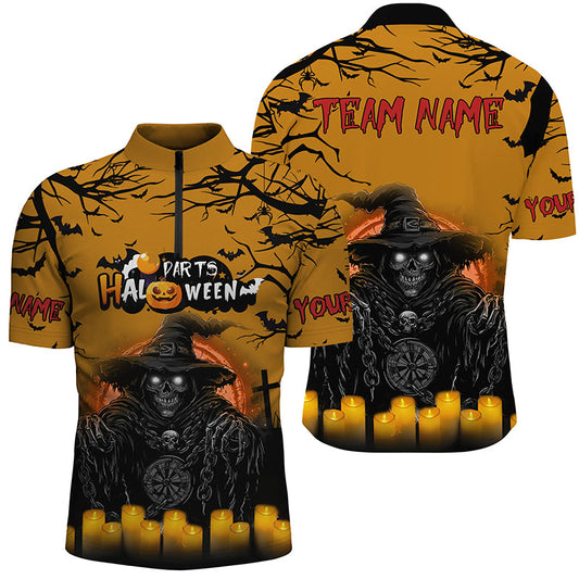 Individuelles Death Skeleton Halloween Herren Shirt mit Viertelreißverschluss, Lustiges Dart Trikot Für Team TDM2619