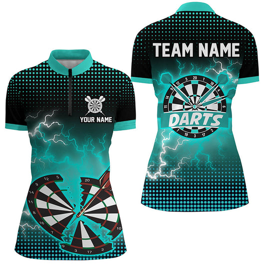 Individuelle türkisfarbene Crack Dartboard Donner Blitz Damen Quarter Zip Shirt, Dart Trikot TDM1925