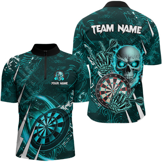 Individuelles Türkis Skull Darts Herren Shirt mit Viertelreißverschluss, Cool Darts Liga Team Dart Trikot TDM3101