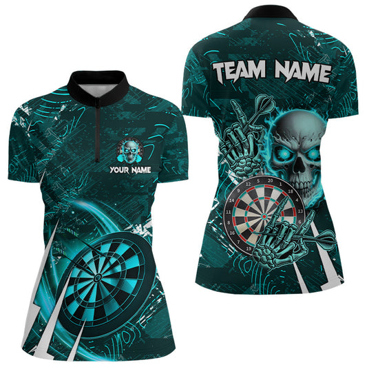 Türkises Schädel Darts Damen Quarter Zip Shirt, Individuelles Cooles Darts Liga Team Trikot TDM3101