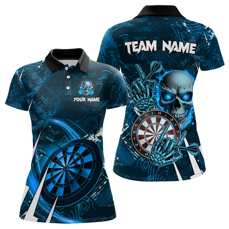 Individuelles Blaues Schädel Dart Poloshirt für Damen, Coole Dart Liga Team Dart Trikot TDM3102