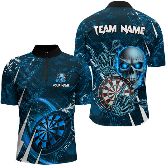 Individuelles Blau Skull Darts Herren Shirt mit Viertelreißverschluss, Cool Darts Liga Team Dart Trikot TDM3102
