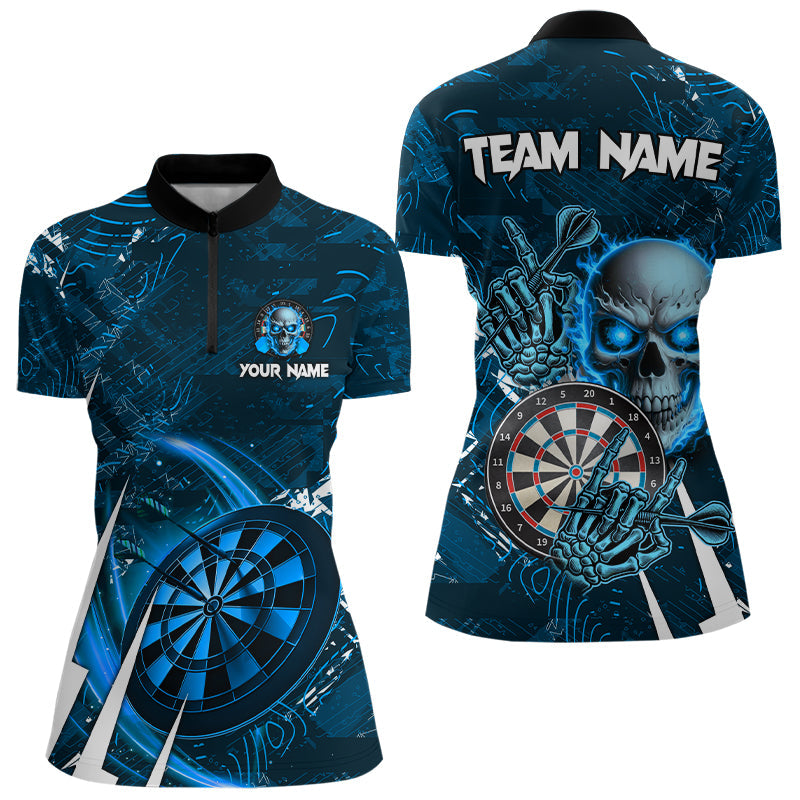 Individuelles Blaues Schädel Darts Damen Quarter Zip Shirt, Cooles Darts Liga Team Trikot TDM3102