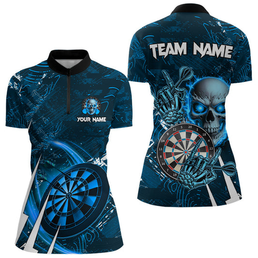 Individuelles Blaues Schädel Darts Damen Quarter Zip Shirt, Cooles Darts Liga Team Trikot TDM3102