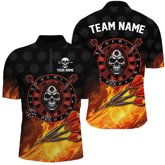 Individuelles Skull Dartboard Dart Trikot Für Herren, Rotes Flame Dart Team Viertelreißverschluss Shirt TDM2385
